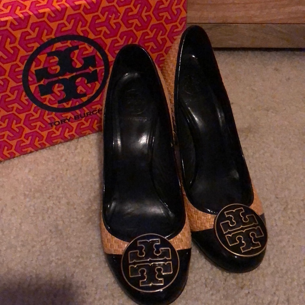 Tory Burch heels with gold accent on heel